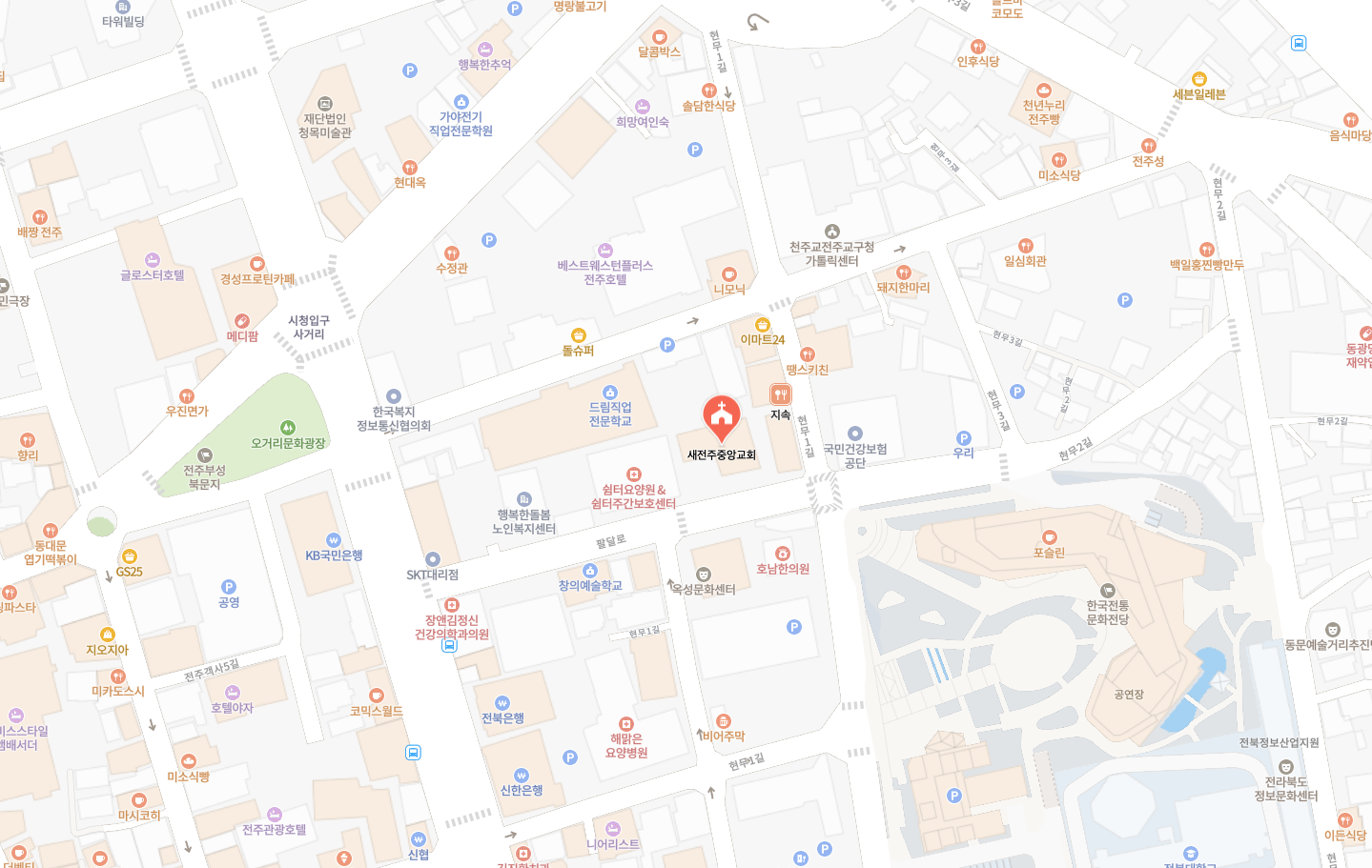 새전주중앙교회 위치도. 오거리문화광장 동쪽, 한국전통문화전당 북서쪽 현무1길에 위치합니다.